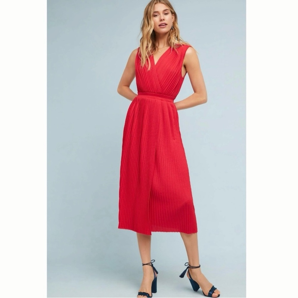 NWT Tracy Reese Size S Petite Pleated Surplice Midi Dress Mesh Back Red Lacquer